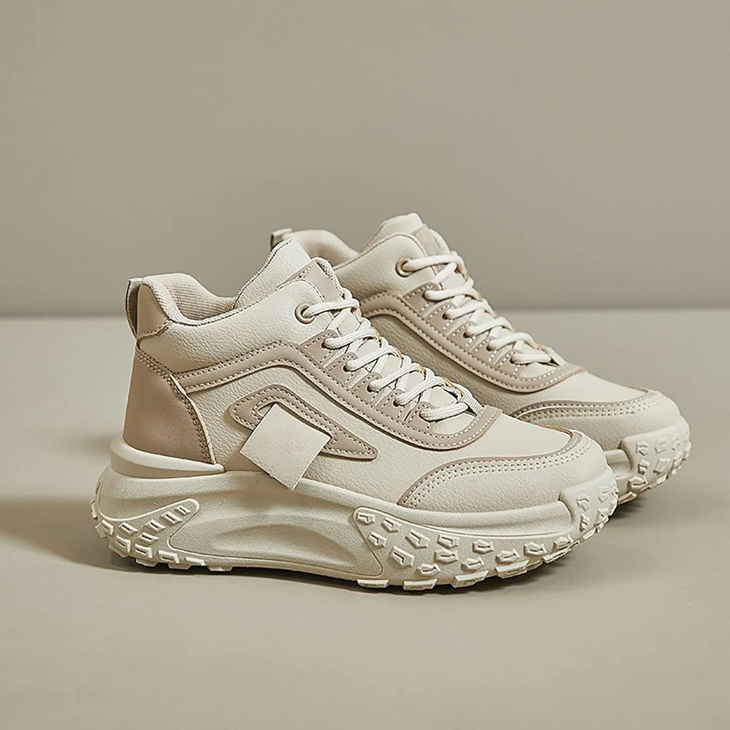 Womens Thick Sole Sneakers High Top Solid Color Lace-up Casual Breathable Soft Walking Running Shoes Comfortable Tennis Shoes Non Slip Women's Sneakers