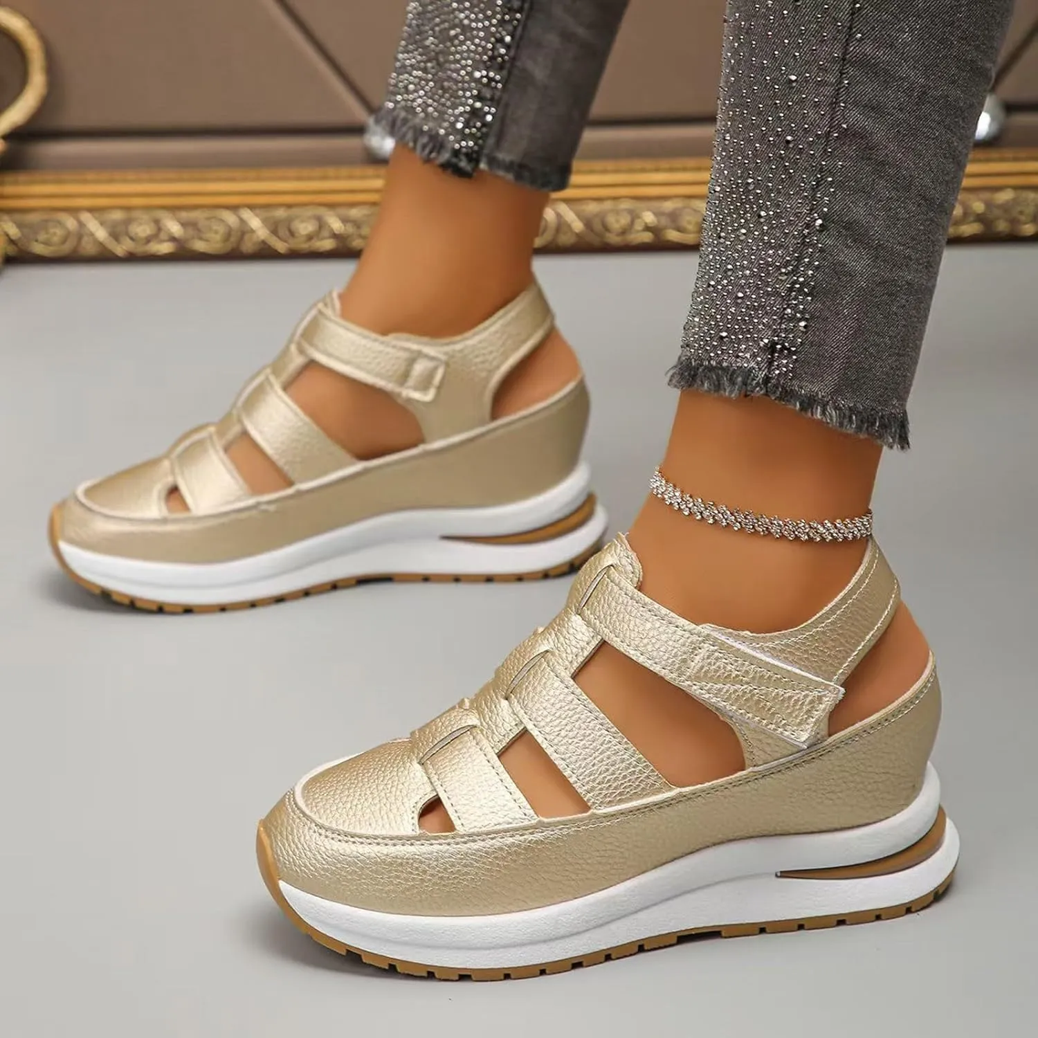 Women's Wedges Sandals Breathable Comfortable Platform Closed Toe Non Slip Sneakers Casual Hollow Out Sandals