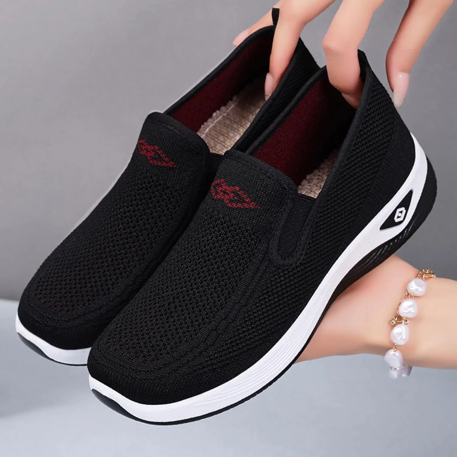 Women's Woven Orthopedic Breathable Soft Shoes Comfortable Wide Width Walking Shoes Slip On Arch Support Walking Flying Sneakers