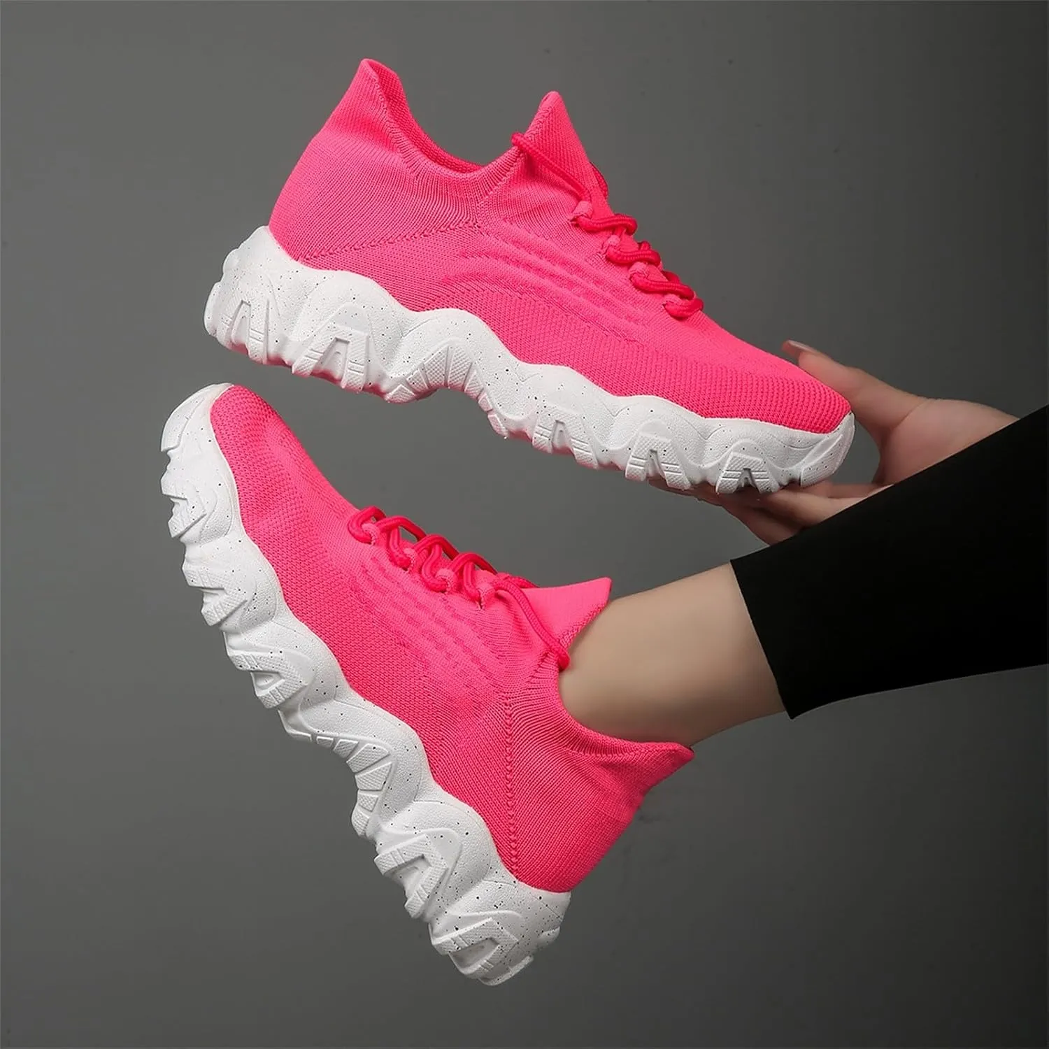 Woven Sneakers for Women Lace-up Breathable Thick Sole Walking Running Shoes Comfortable Tennis Shoes Non Slip Casual Womens Sneakers with Arch Support