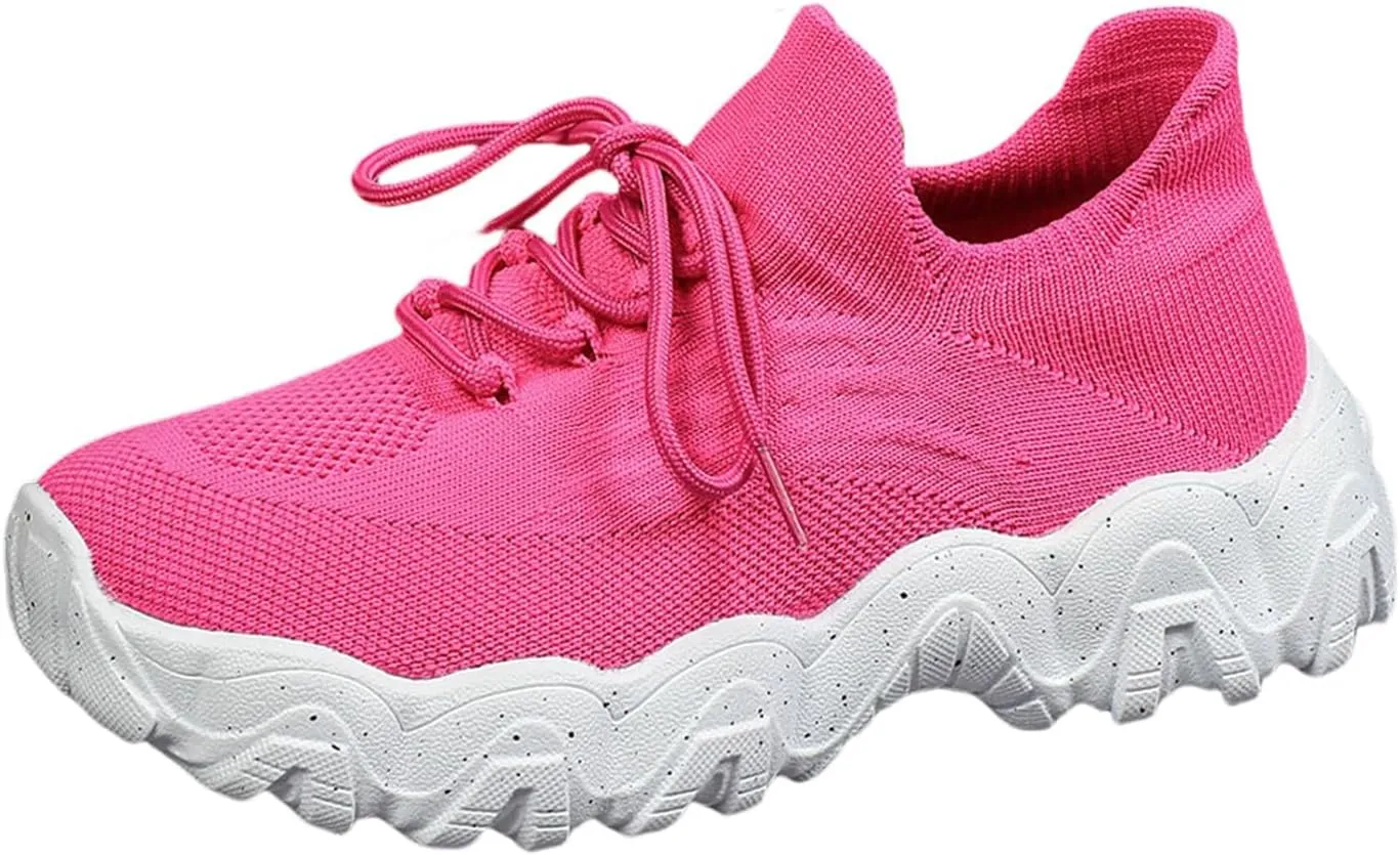 Woven Sneakers for Women Lace-up Breathable Thick Sole Walking Running Shoes Comfortable Tennis Shoes Non Slip Casual Womens Sneakers with Arch Support