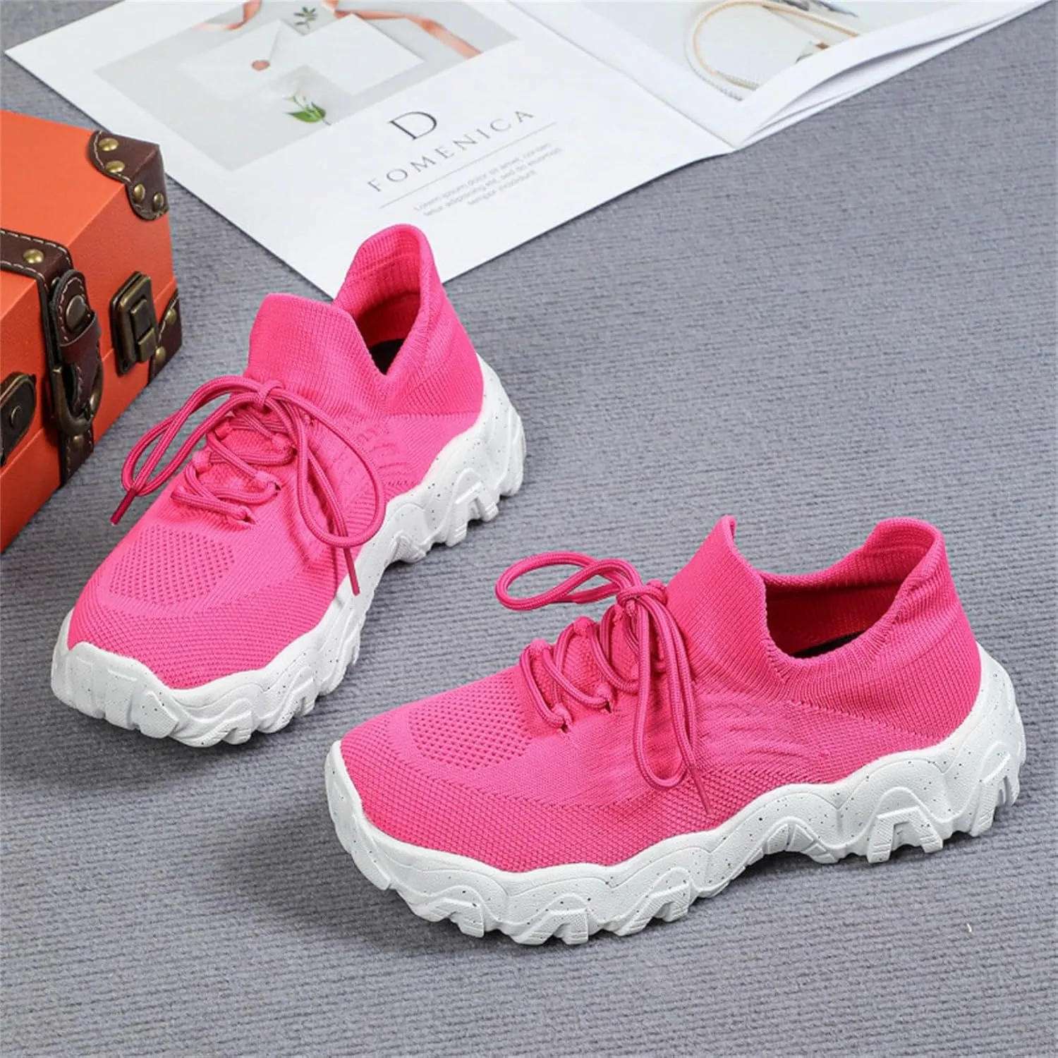 Woven Sneakers for Women Lace-up Breathable Thick Sole Walking Running Shoes Comfortable Tennis Shoes Non Slip Casual Womens Sneakers with Arch Support