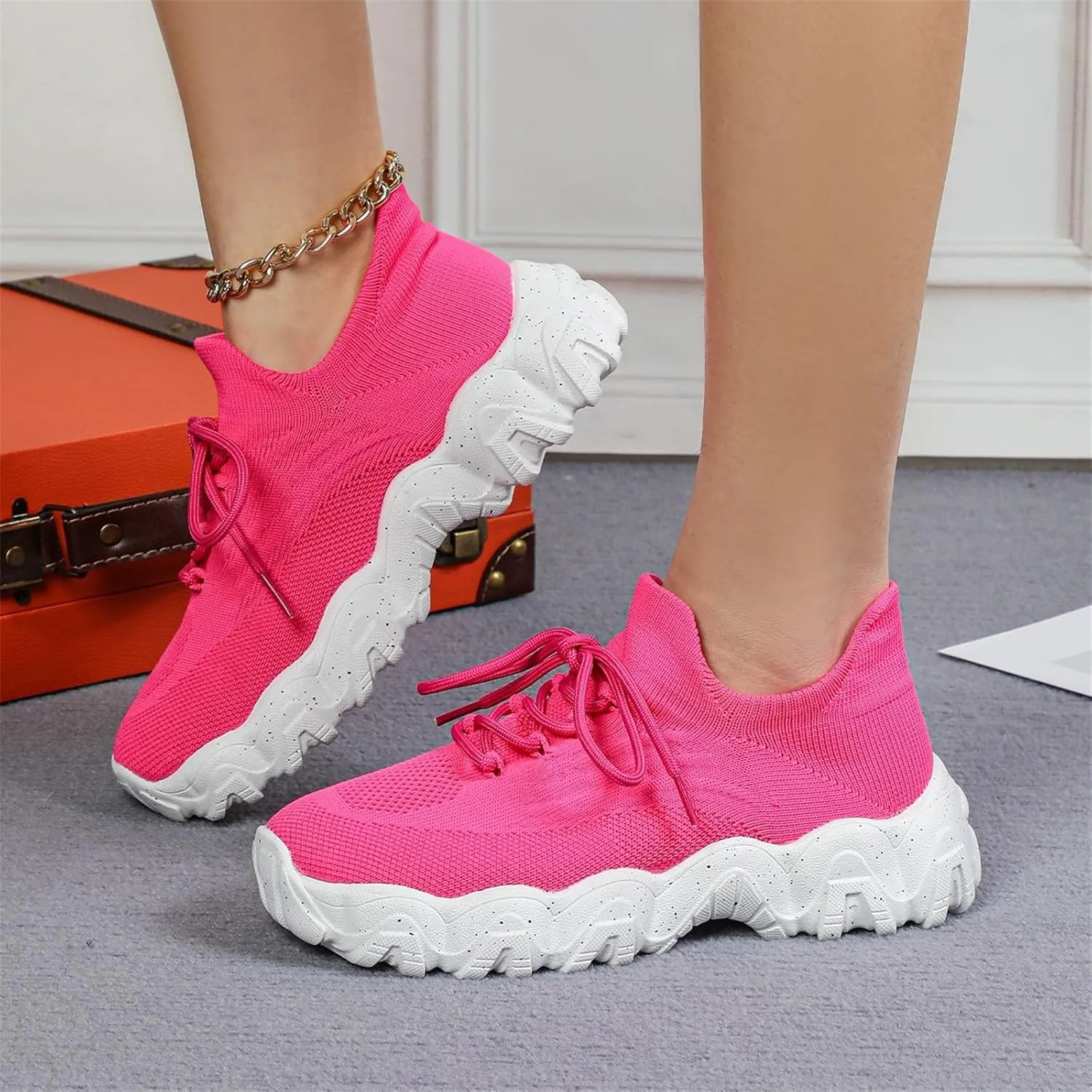 Woven Sneakers for Women Lace-up Breathable Thick Sole Walking Running Shoes Comfortable Tennis Shoes Non Slip Casual Womens Sneakers with Arch Support