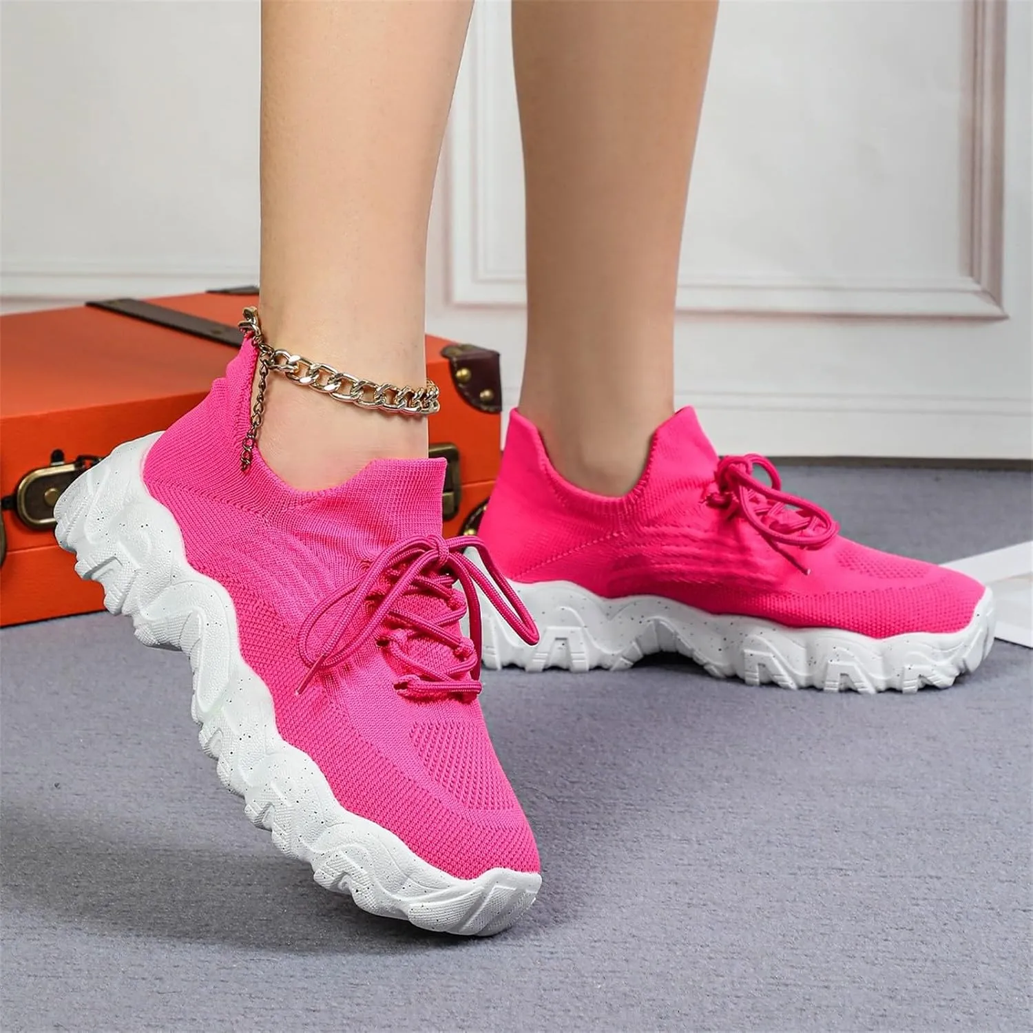 Woven Sneakers for Women Lace-up Breathable Thick Sole Walking Running Shoes Comfortable Tennis Shoes Non Slip Casual Womens Sneakers with Arch Support