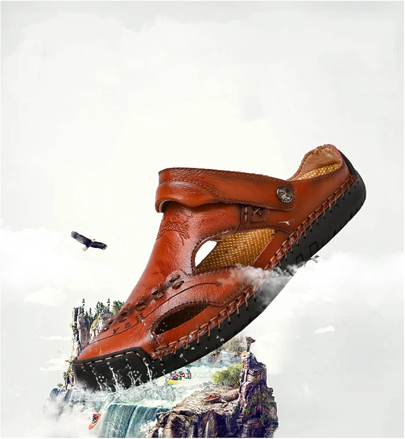 Wygwlg Summer Men's Sandals Breathable Beach Sandals, Genuine Leather Soft Breathable Shoes,Red brown-46