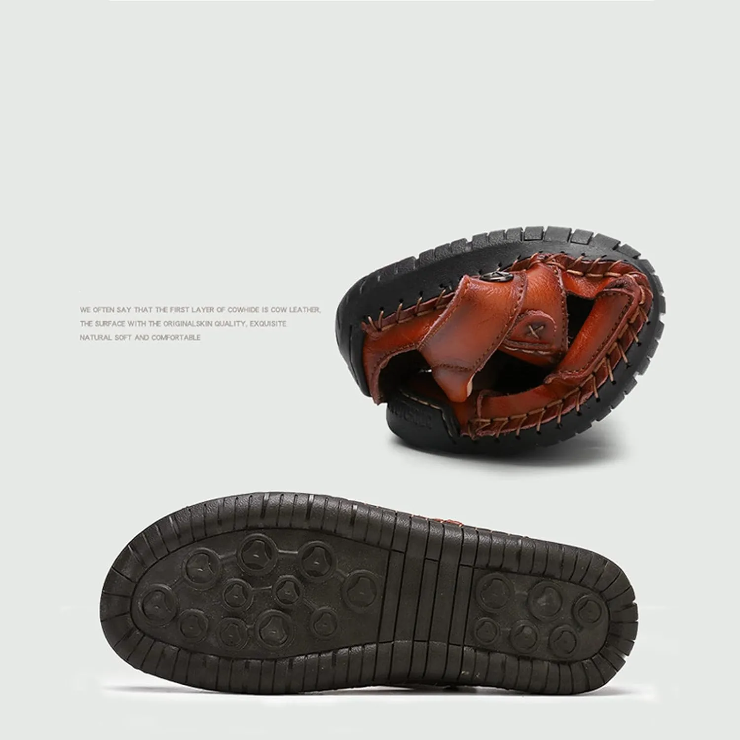 Wygwlg Summer Men's Sandals Breathable Beach Sandals, Genuine Leather Soft Breathable Shoes,Red brown-46