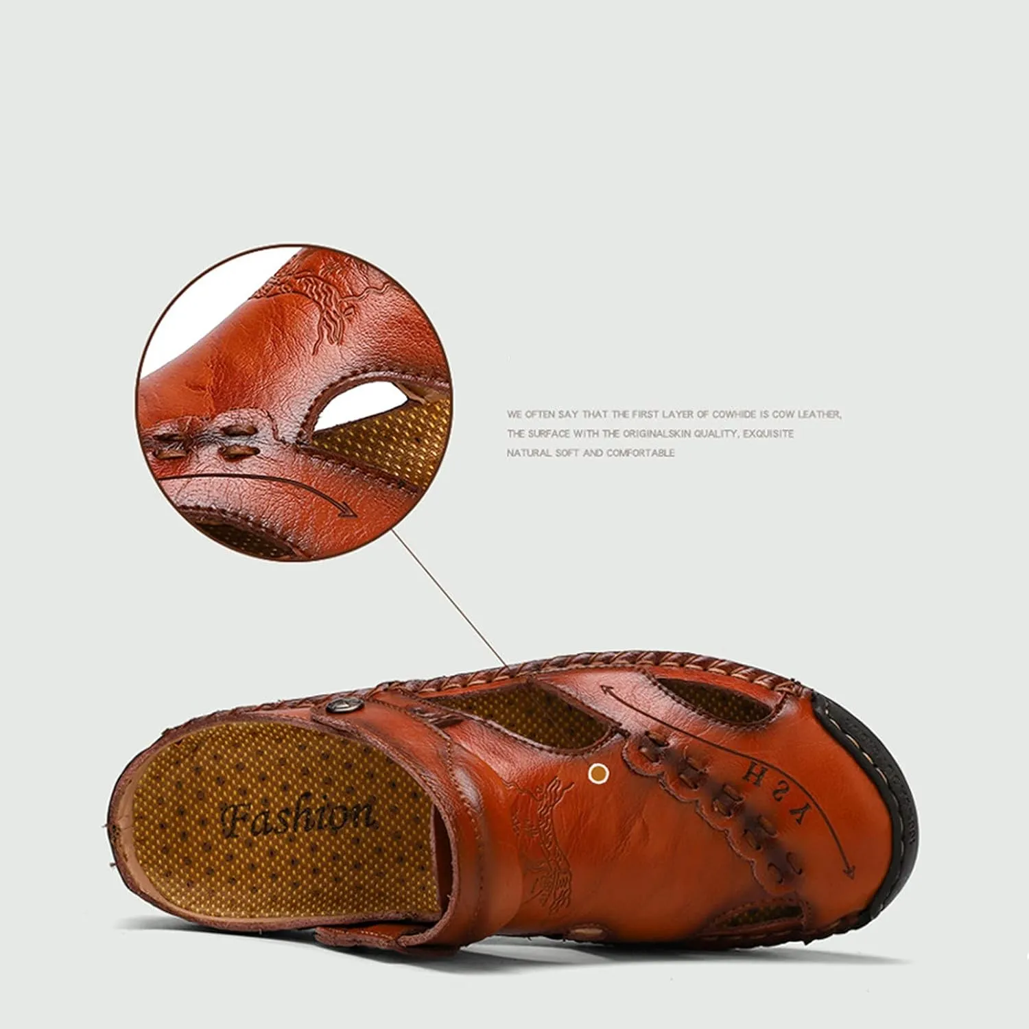 Wygwlg Summer Men's Sandals Breathable Beach Sandals, Genuine Leather Soft Breathable Shoes,Red brown-46