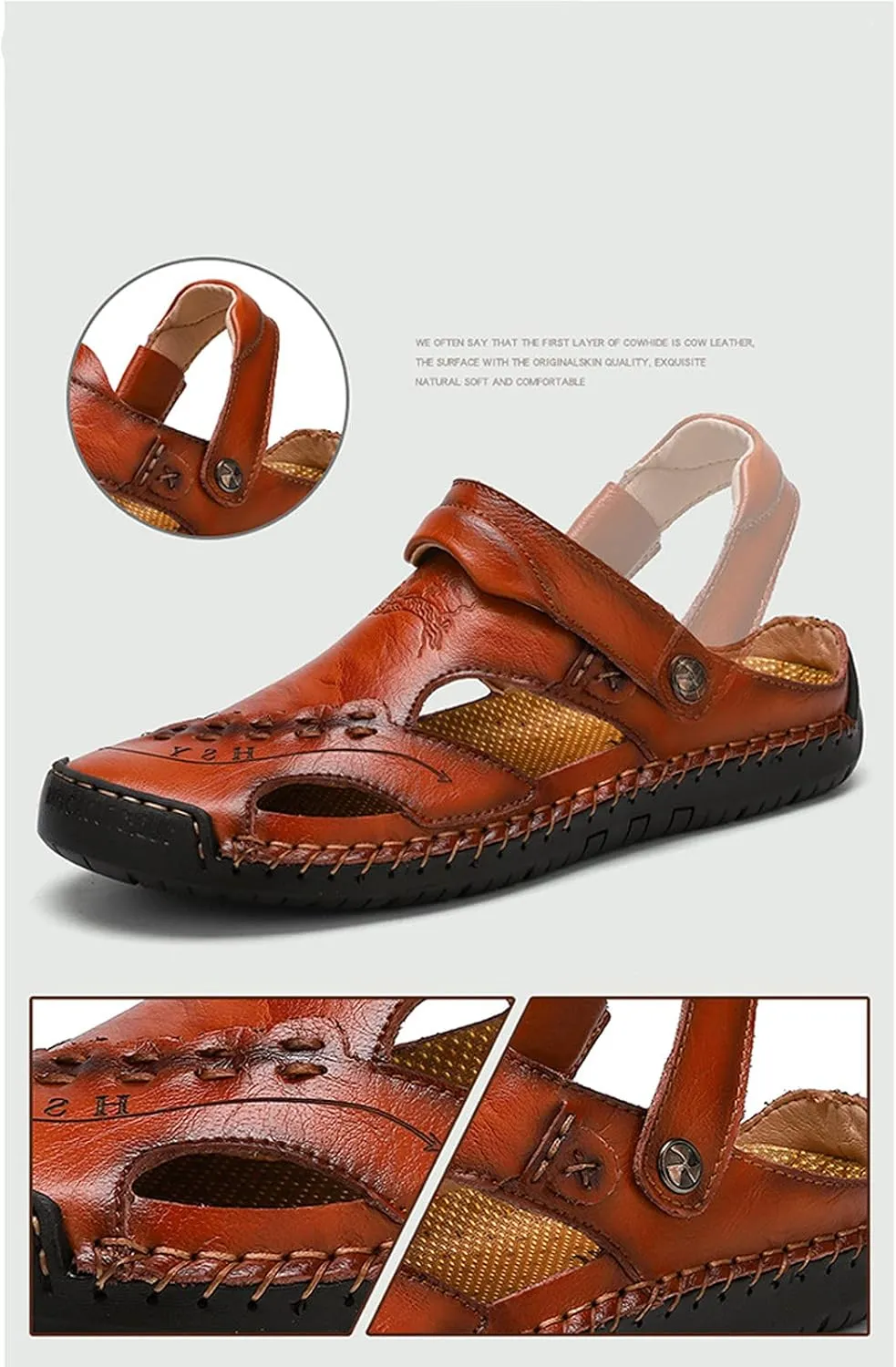Wygwlg Summer Men's Sandals Breathable Beach Sandals, Genuine Leather Soft Breathable Shoes,Red brown-46