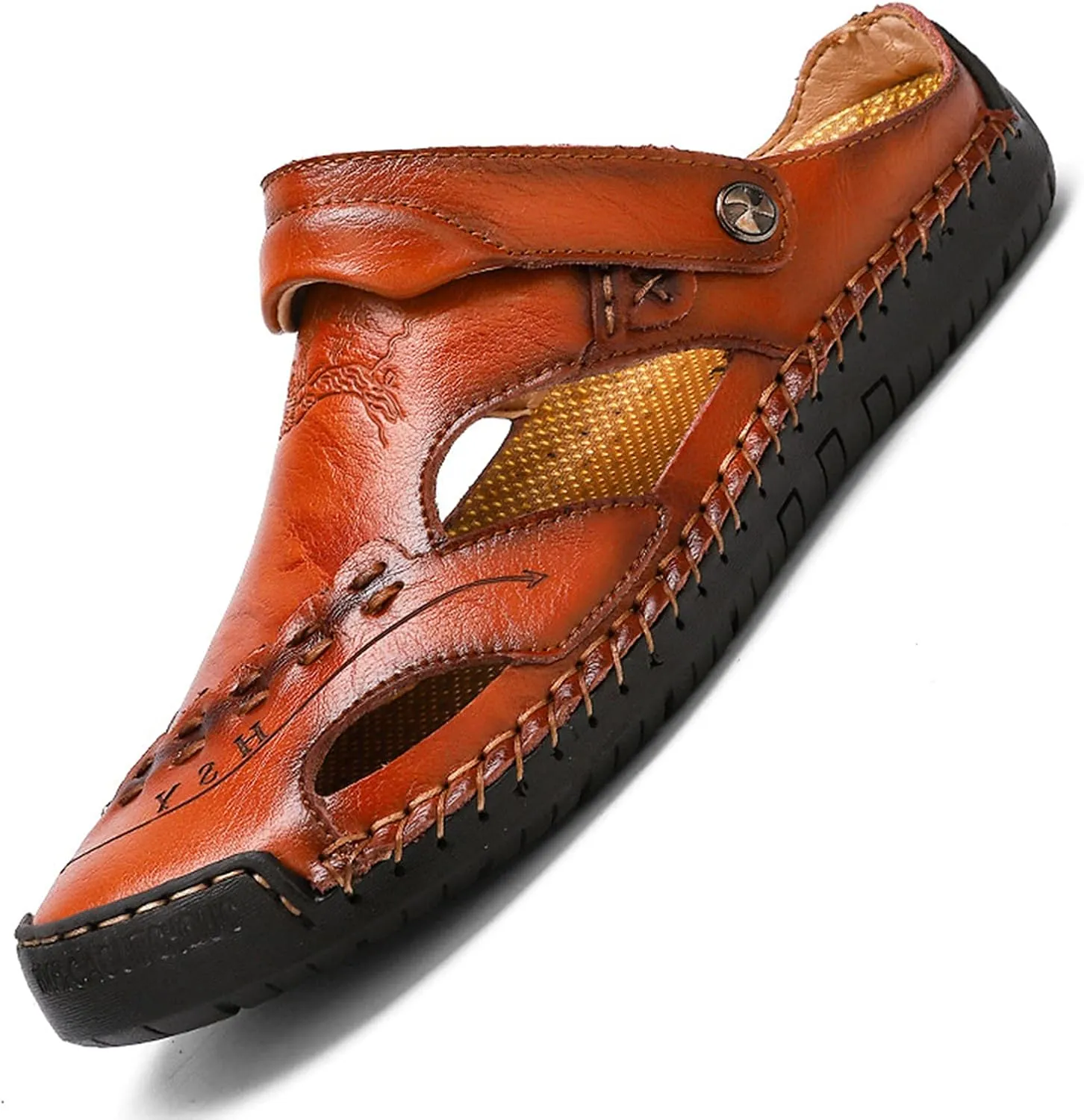 Wygwlg Summer Men's Sandals Breathable Beach Sandals, Genuine Leather Soft Breathable Shoes,Red brown-46