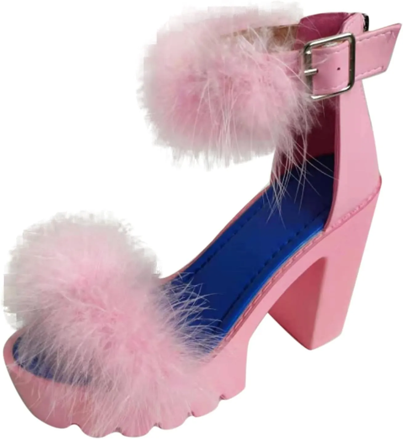 ZBYY Women's Summer Sandals Chunky Heel Open Toe Faux Fur Ankle Strap Sandals Dressy High Heeled Platform Shoes